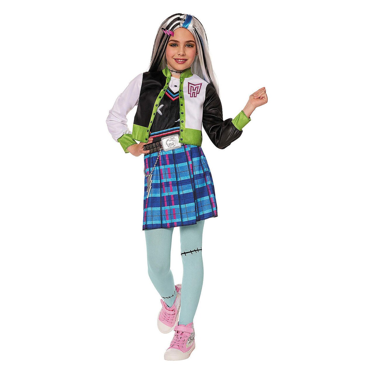 Kids Monster High Frankie Stein Costume Plaid Dress Sweater Jacket and Stitched Tights